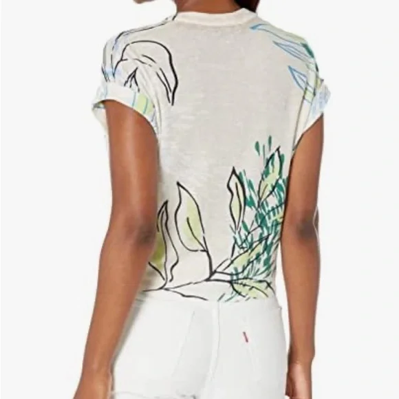 NIC+ZOE Cream/Green Waterfront Short Sleeve Button Tie Sweater Top Medium $128 - Picture 2 of 11